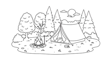 Fun night camping coloring page featuring tents, campfire, and a starry sky—great for kids’ projects or outdoor-themed activity books.