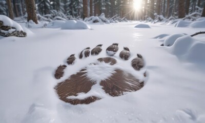 Large bear paw print in fresh snow, winter forest ,  brown bear,  grizzly bear