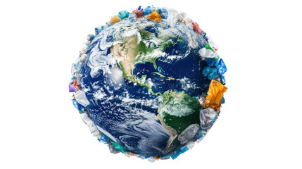 Planet Earth Floating in Space Surrounded by Various Plastic Waste on Transparent Background