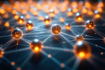 Glowing interconnected spheres linked by illuminated lines forming a complex network on a dark surface, symbolizing digital communication and connectivity