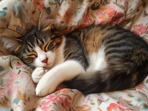 Close-up of a tabby and white cat peacefully sleeping curled up on a floral patterned blanket