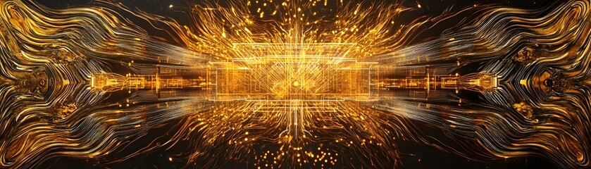 Golden digital tunnel with intricate design.