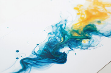 Fototapeta premium White Paper with Blue, Green, and Yellow Ink in Fluid Art Style Abstract Ink Flow on White Background for Minimalist, Creative, and High-Resolution Design Projects