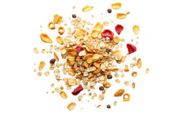 Crunchy granola breakfast cereal with dried fruit and oats healthy food ingredients delicious morning meal isolated on transparent background