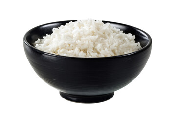 Bowl of fluffy white rice in black ceramic dish, cut out