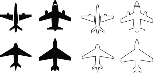 Plane icon collection, outline and flat style vector graphics for travel.