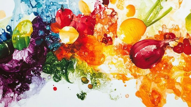 Vibrant Abstract Painting of Fruits and Vegetables in a Fluid, Expressive Style