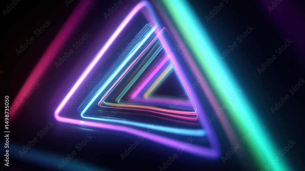 Poster neon triangle outlines stacked in perspectival depth with colorful glow