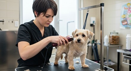Woman grooming a dog