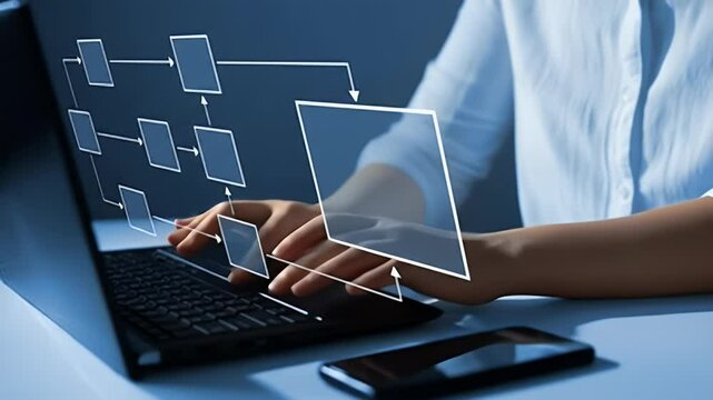 Woman Using Laptop with Holographic Flowchart Interface