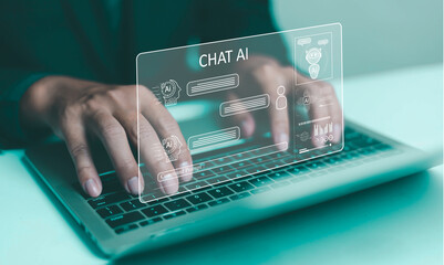 AI Technology Robotic Cyberspace Bots Artificial intelligence on the Internet is a communication assistant for online information chat services on websites. Up-to-date software development concepts	