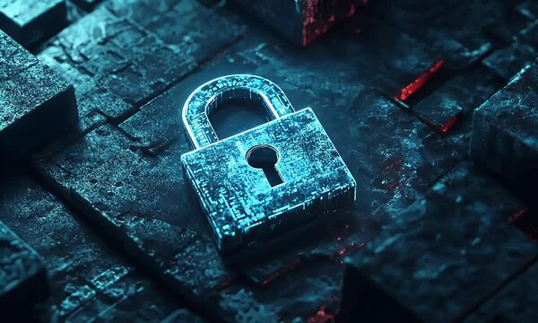 A glowing glass padlock on a black background, symbolizing security and protection in data visualization.