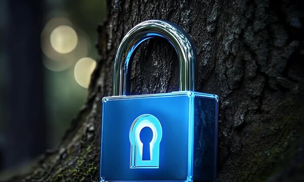 A glowing glass padlock on a black background, symbolizing security and protection in data visualization.