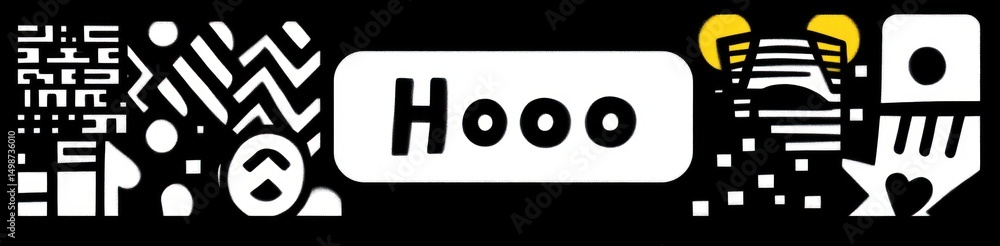 Poster black and white abstract pattern with geometric shapes, zigzags, circles, squares, and a speech bubb