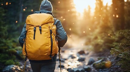 person hiking through a forest trail with a large yellow backpack at sunrise or sunset creating a warm glowing atmosphere