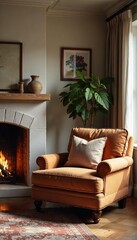 Cozy living room interior with a fireplace, throw pillows, and a comfy armchair, perfect for relaxation and creating a warm atmosphere ,  style,  blanket