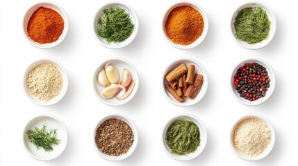 Variety of aromatic spices including garlic, ginger, red paprika powder, and more displayed in bowls from a top view