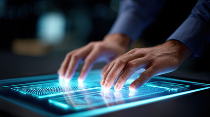 Person using futuristic touchscreen device with fingerprint scanner technology, illuminated by blue light, in dark environment, representing advanced digital security and biometric authentication