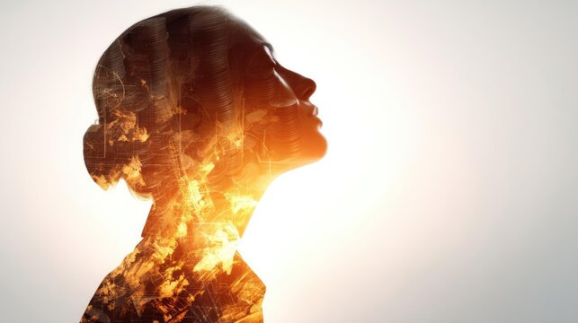 Abundance mindset for prosperity with belief and motivation concept. A double exposure of a woman's silhouette and fiery background.