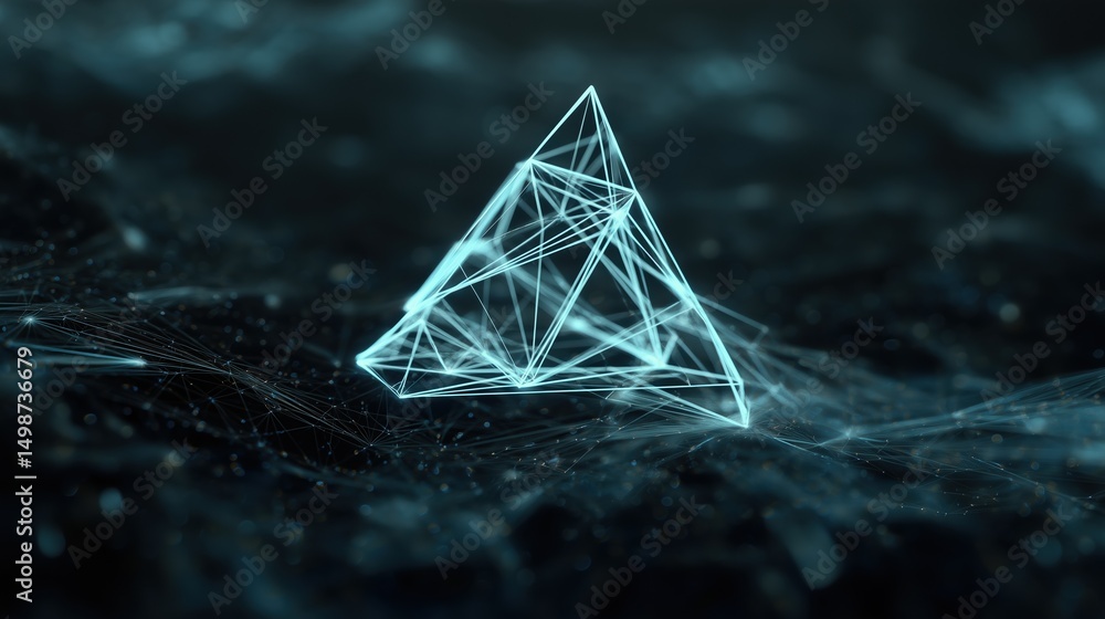 Poster glowing triangle wireframe form in digital network environment