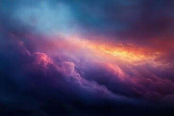 Obraz premium Dramatic vibrant sky with swirling clouds illuminated by warm orange and pink sunlight contrasted against deep blue and purple hues creating a majestic and serene atmosphere