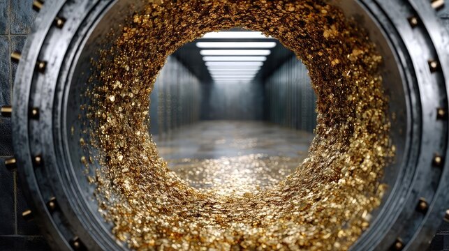 Abundance mindset for prosperity with belief and motivation concept. A view through a vault door showcasing shimmering gold coins.
