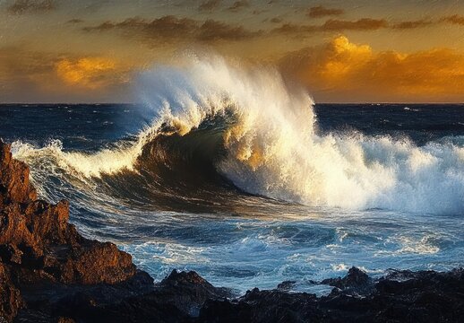Powerful ocean wave crashing against dark rocky shore under dramatic golden and orange cloudy sky at sunset