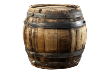 Rustic wooden barrel with iron hoops on black background, cut out