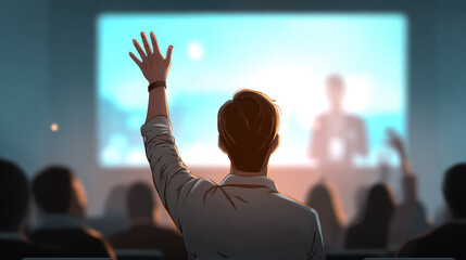 Person raising their hand during presentation in conference room with audience and speaker on large screen in background, creating engaging and interactive atmosphere