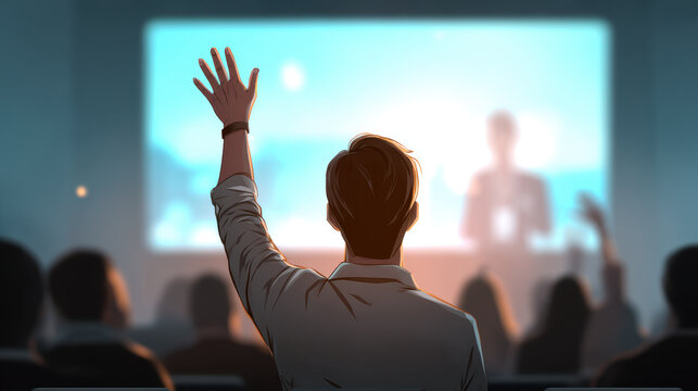 Person raising their hand during presentation in conference room with audience and speaker on large screen in background, creating engaging and interactive atmosphere