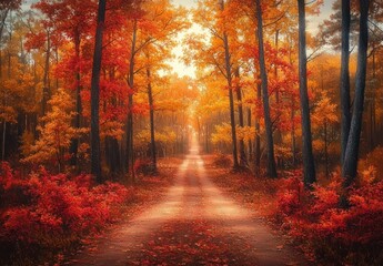 Peaceful forest path covered with autumn leaves surrounded by tall trees with vibrant red and orange foliage under soft sunlight
