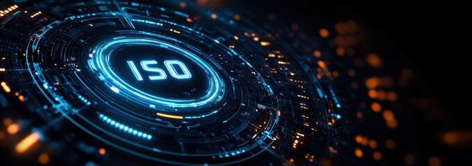 Futuristic circular digital interface glowing with blue and orange lights centered on the text ISO, symbolizing technology and data interaction