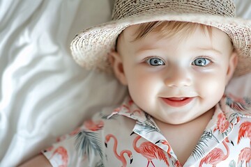 Adorable baby boy in a straw hat and flamingo shirt smiles