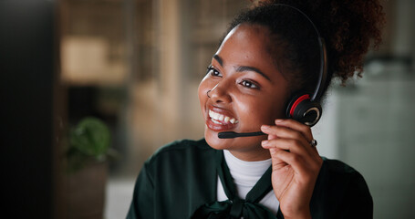 Black woman, smile and computer in call centre at night for contact us, online assistance and...