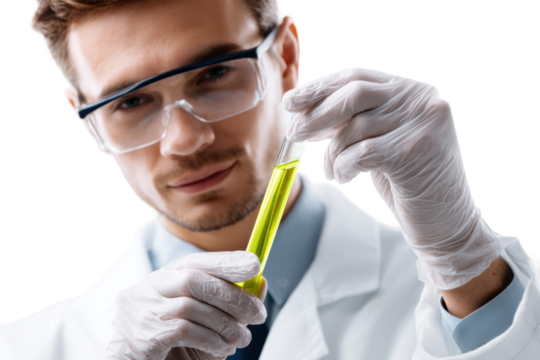 Young caucasian male scientist analyzing green liquid in test tube, cut out