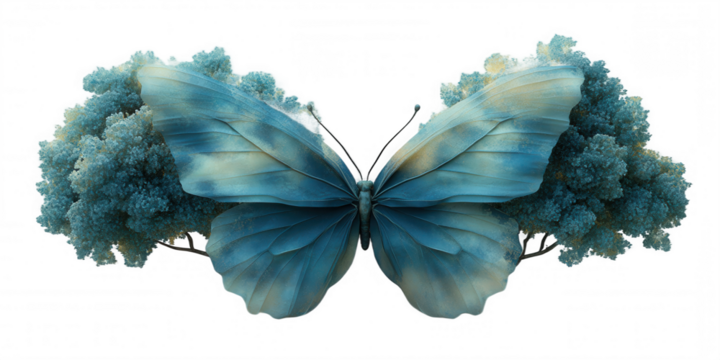 Blue Morpho Butterfly on Abstract Floral Background on transparent background - Powered by Adobe