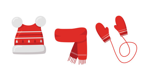 Vector winter clothes set. Cartoon knitted scarf, hat, mittens, gloves isolated on white background. Seasonal winter traditional accessories collection