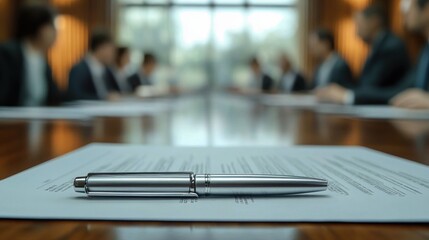 Silver pen lying on a document on a polished wooden table with a blurred business meeting taking place in the background