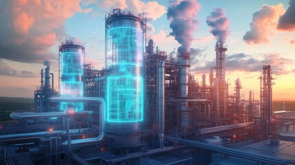 Industrial refinery complex with large cylindrical processing towers, glowing blue digital overlays on tanks, and smoke billowing from chimneys under a sunset sky