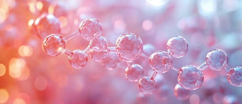 close-up view of a transparent molecular chain model with spheres and rods against a soft blurred pink and orange background