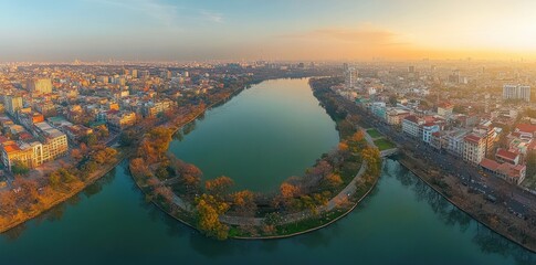 Fototapeta premium Aerial view of a cityscape surrounding a large green lake with tree-lined walking paths and buildings under a clear sky at sunset