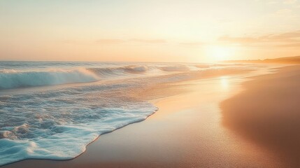 Serene beach scene with gentle ocean waves washing onto the smooth sandy shore during a warm golden sunrise or sunset