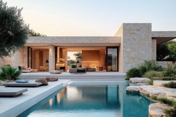Fototapeta premium Modern spacious stone house with large open living area overlooking a pristine swimming pool surrounded by sun loungers and lush greenery at sunset