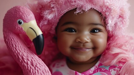 Adorable baby girl smiles, wearing a pink flamingo costume