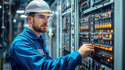 Focused technician in protective gear adjusting server equipment in a high-tech data center filled with illuminated network panels