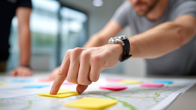 Person pointing sticky notes map during planning session with colleagues background modern office environment collaborative teamwork strategic planning brainstorming business meeting focus hand