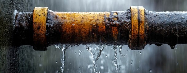Old rusty metal pipe with water leaking and dripping against a blurred flowing water background