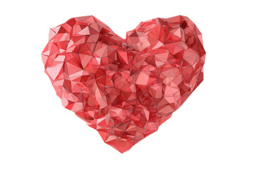 Red geometric heart sculpture with triangular facets on black background, cut out