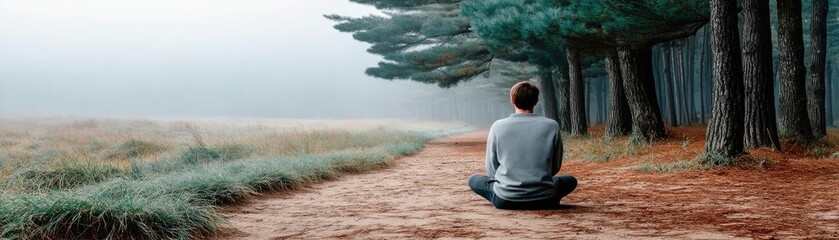 Fototapeta premium Peaceful mind for relaxation with focus and therapy concept. A person meditates peacefully in a serene forest setting.