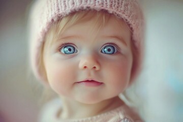 Adorable baby girl with bright blue eyes, wearing a pink knitted hat